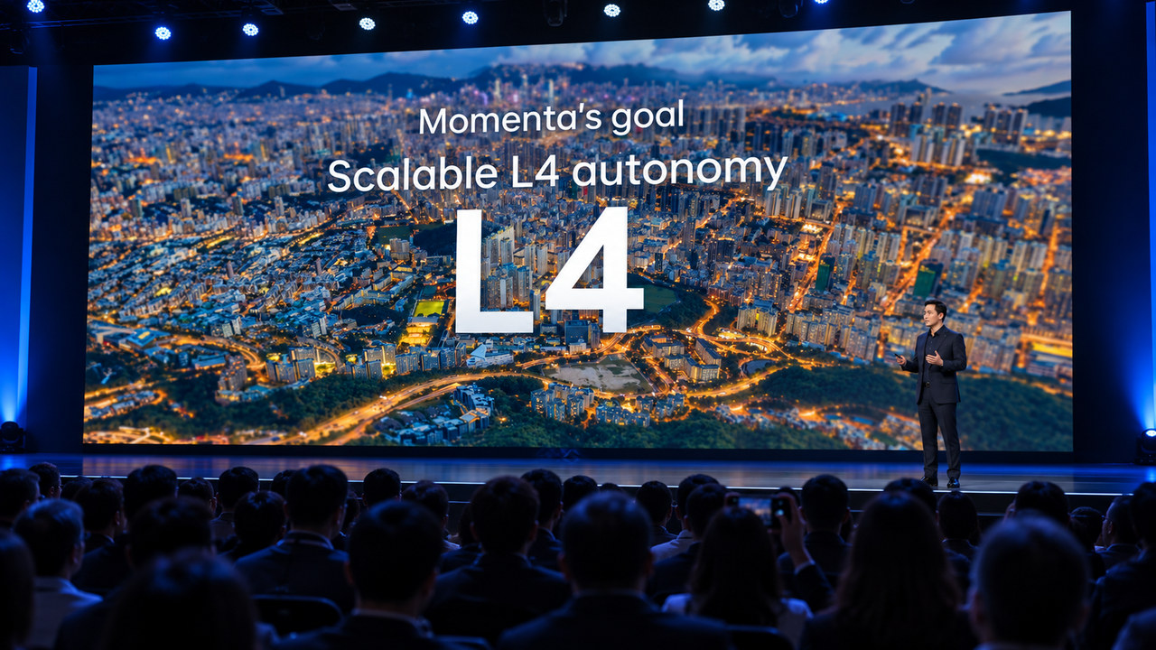 AI-generated conference-stage visualization featuring the Momenta scalable L4 presentation