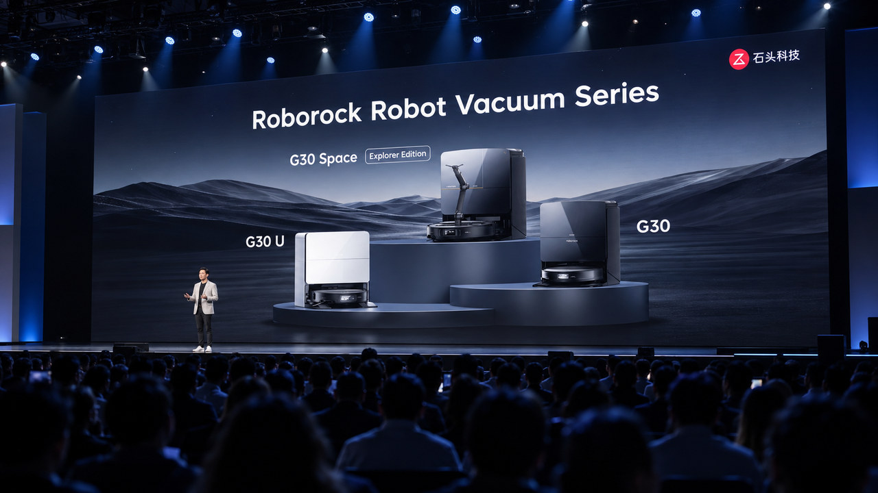 AI-generated launch-stage visualization featuring the Roborock product presentation