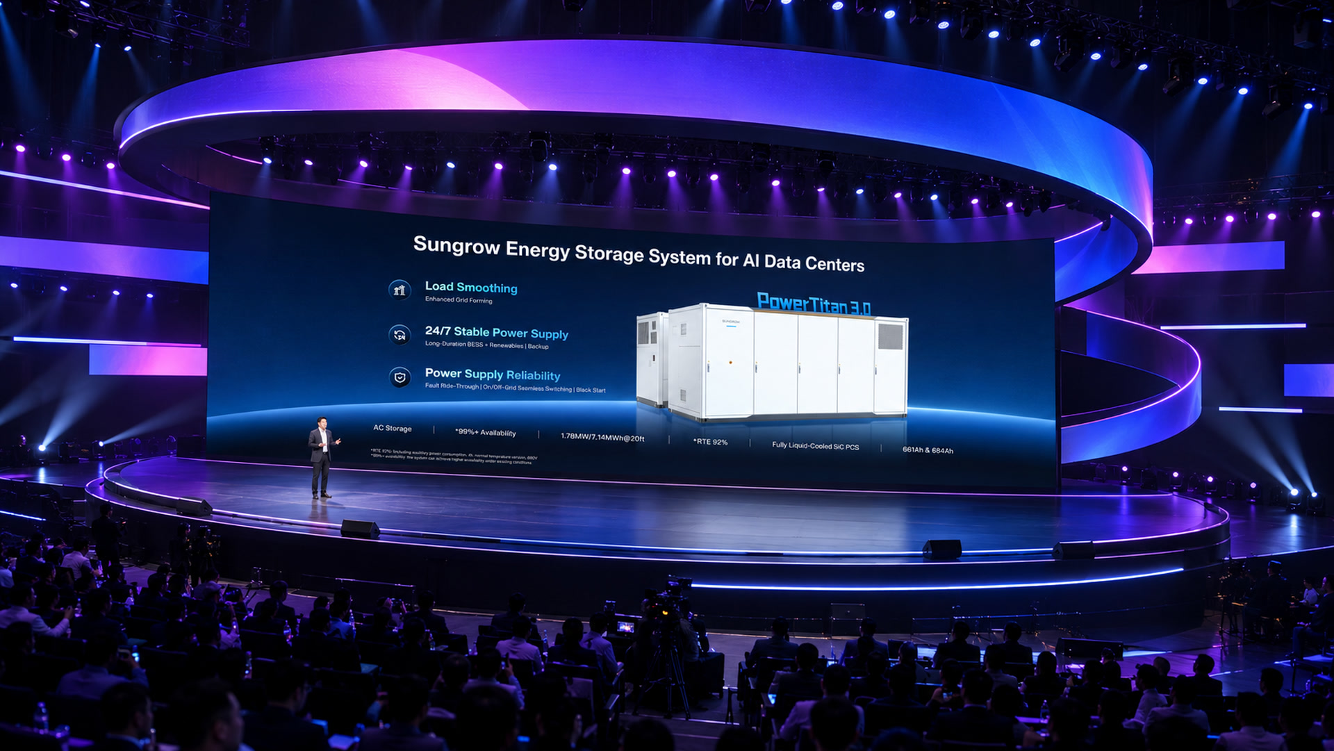 AI-generated launch-stage visualization featuring the AIDC Power Stability presentation