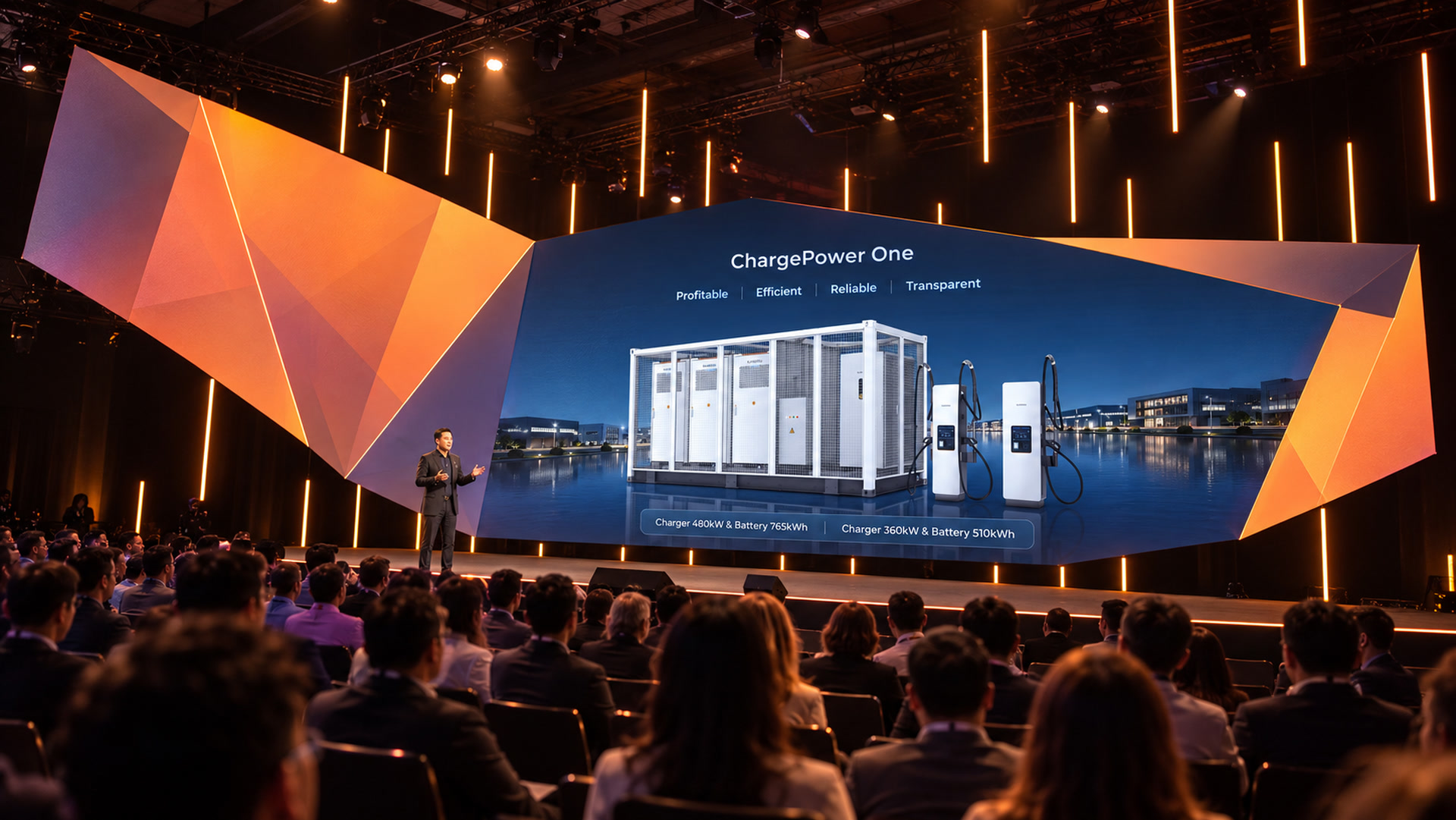 AI-generated launch-stage visualization featuring the ChargePower One presentation