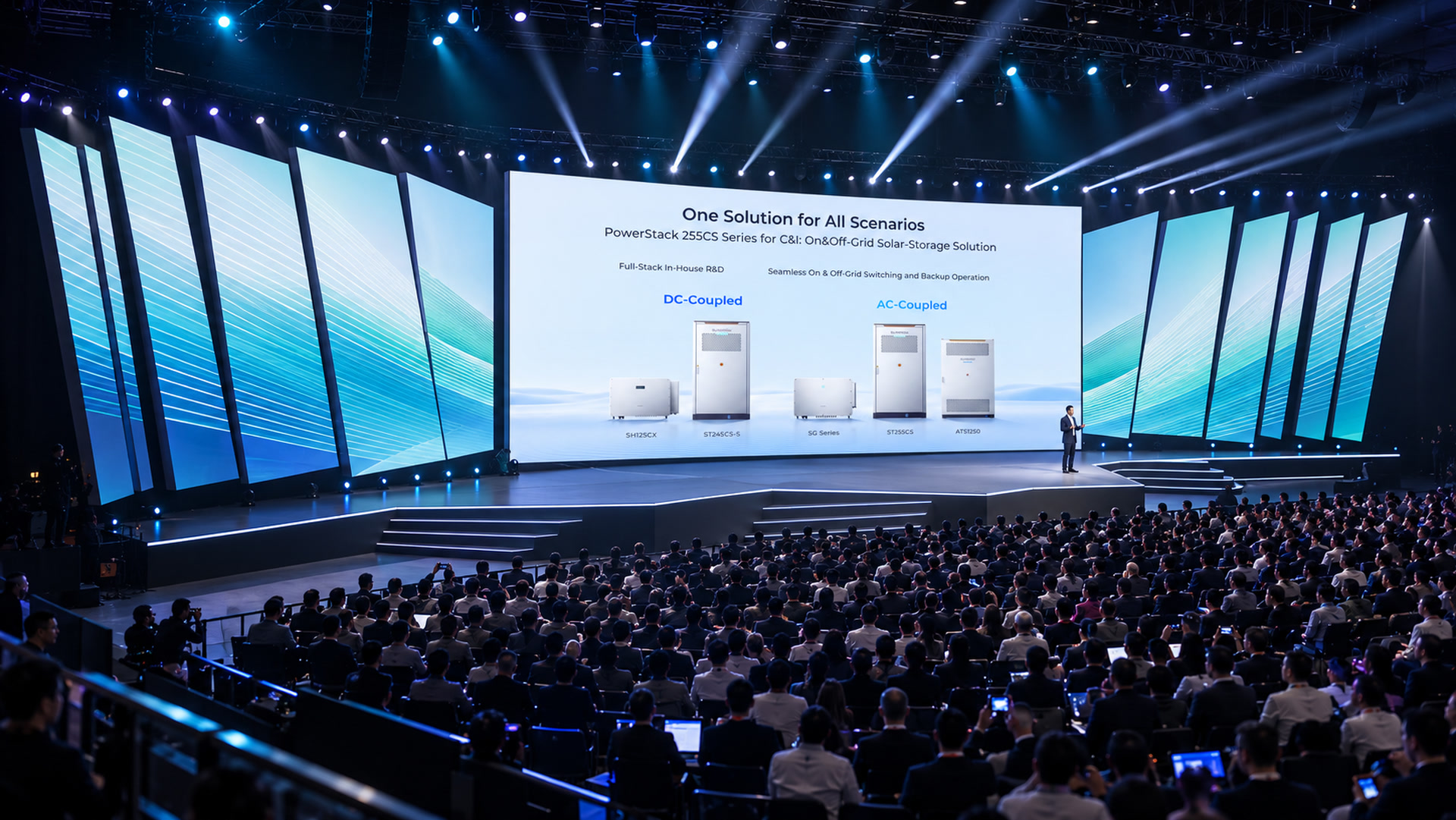 AI-generated launch-stage visualization featuring the PowerStack C&I presentation