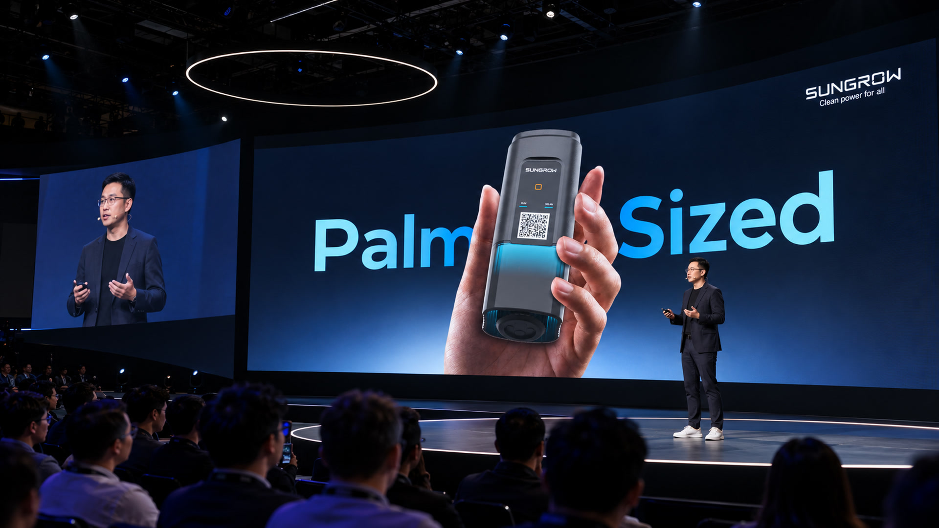 AI-generated launch-stage visualization featuring the iHomeManager Mini presentation