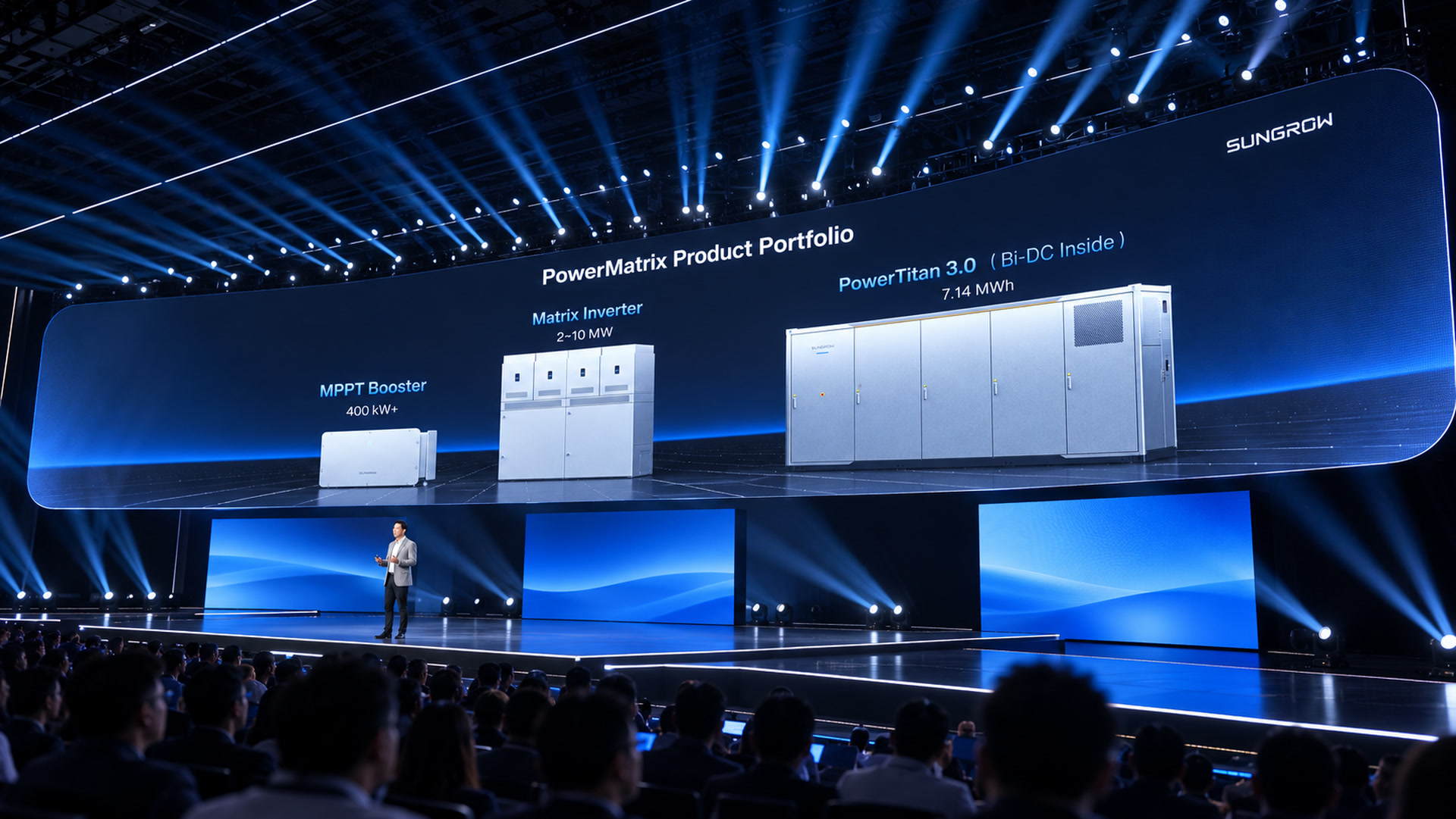 AI-generated launch-stage visualization featuring the PowerMatrix presentation