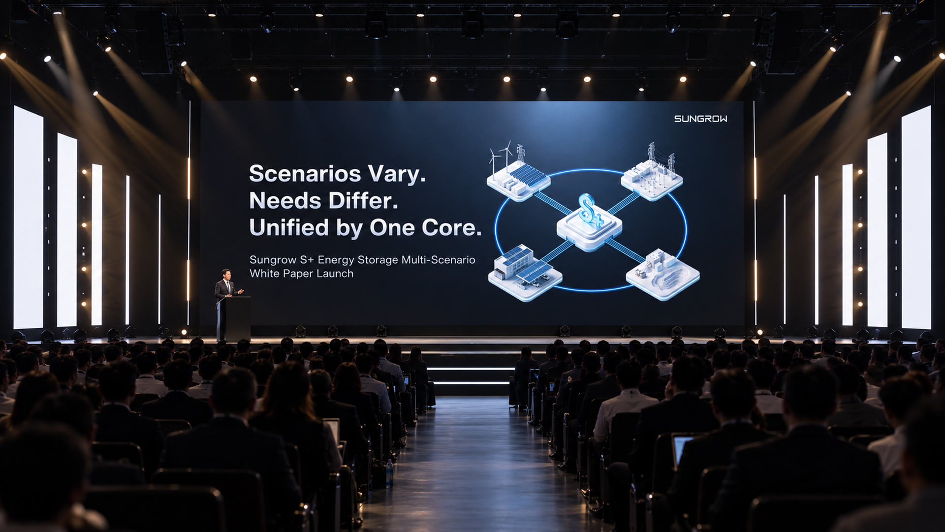 AI-generated launch-stage visualization featuring the SNEC White Paper presentation